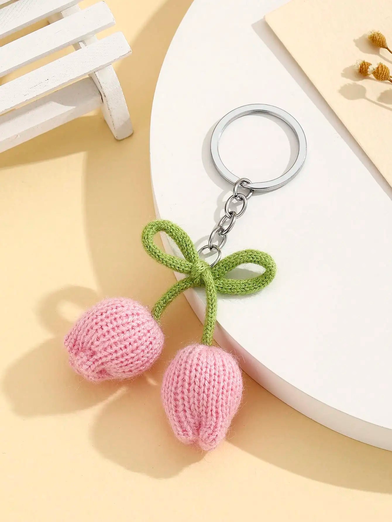 1pc Handmade Crochet Tulip Flower Bud Keychain, Colorful Yarn Flower Keyring, Creative Gift For Lover, Friend, Girlfriend,