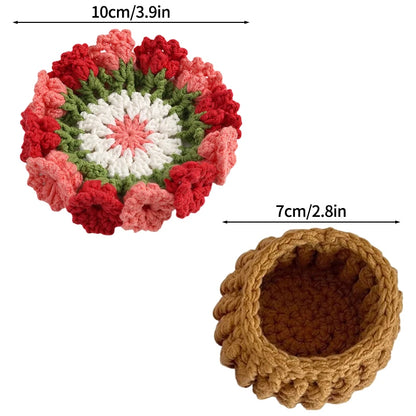 Mini Rose Bouquet Coasters Handmade Knitted Placemats Crochet Rose Flower Cup Pad Table Decoration and Accessories Home Decor