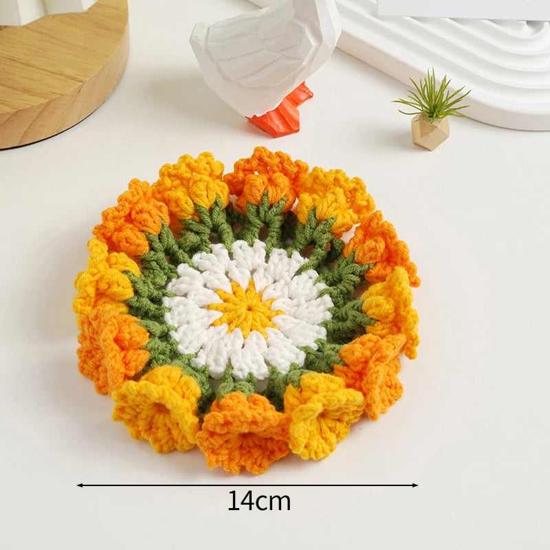 Mini Rose Bouquet Coasters Handmade Knitted Placemats Crochet Rose Flower Cup Pad Table Decoration and Accessories Home Decor