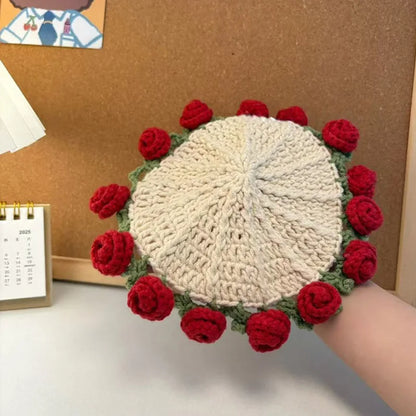 Mini Rose Bouquet Coasters Handmade Knitted Placemats Crochet Rose Flower Cup Pad Table Decoration and Accessories Home Decor