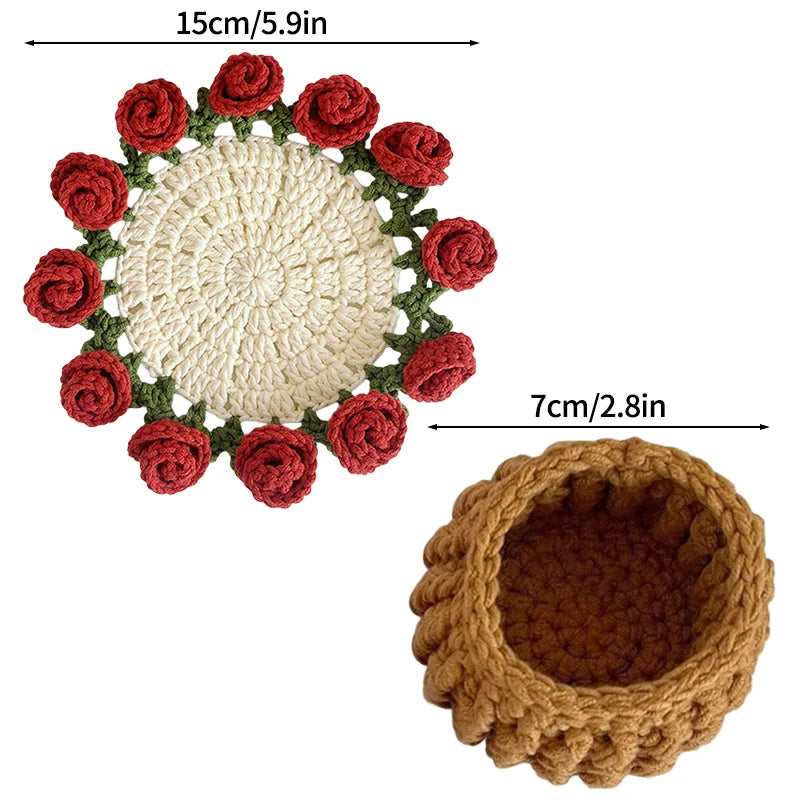 Mini Rose Bouquet Coasters Handmade Knitted Placemats Crochet Rose Flower Cup Pad Table Decoration and Accessories Home Decor