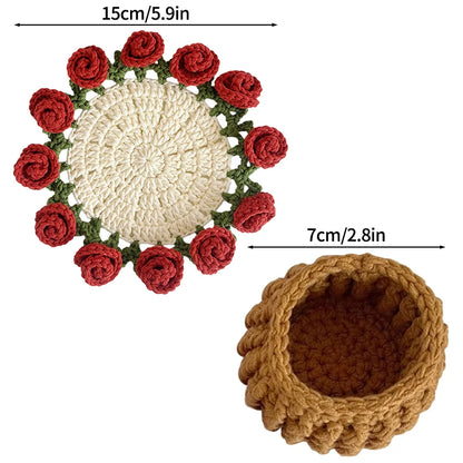 Mini Rose Bouquet Coasters Handmade Knitted Placemats Crochet Rose Flower Cup Pad Table Decoration and Accessories Home Decor