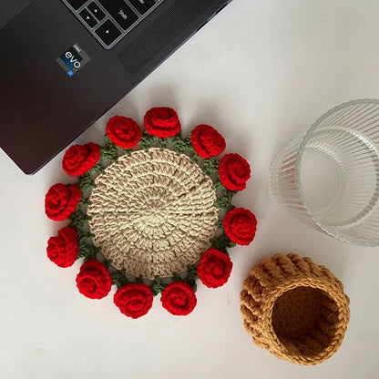 Mini Rose Bouquet Coasters Handmade Knitted Placemats Crochet Rose Flower Cup Pad Table Decoration and Accessories Home Decor