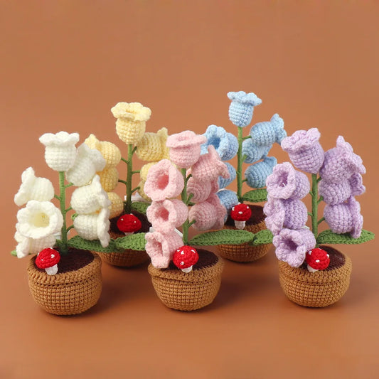 Crochet Bell Orchid with Potted  Knitted Flowers with Light Handmade Artificial Flower Desktop Bookshef  Easter Decoration 2025