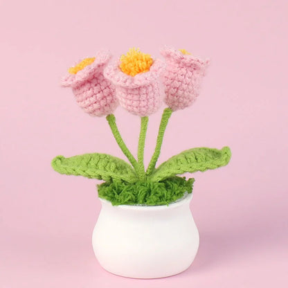 Crochet Bell Orchid with Potted  Knitted Flowers with Light Handmade Artificial Flower Desktop Bookshef  Easter Decoration 2025
