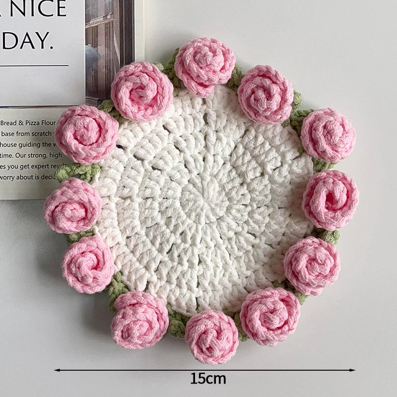Mini Rose Bouquet Coasters Handmade Knitted Placemats Crochet Rose Flower Cup Pad Table Decoration and Accessories Home Decor
