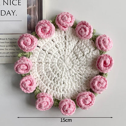 Mini Rose Bouquet Coasters Handmade Knitted Placemats Crochet Rose Flower Cup Pad Table Decoration and Accessories Home Decor