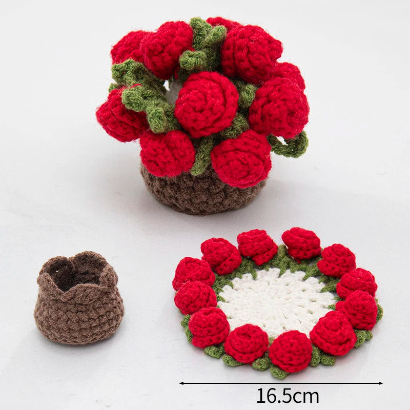 Mini Rose Bouquet Coasters Handmade Knitted Placemats Crochet Rose Flower Cup Pad Table Decoration and Accessories Home Decor