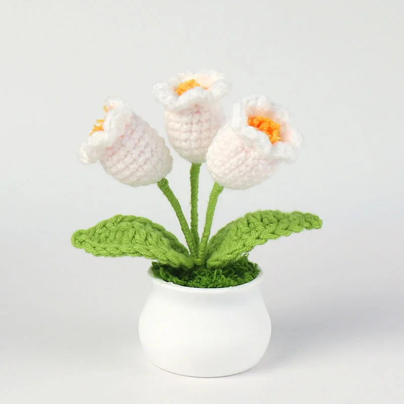 Crochet Bell Orchid with Potted  Knitted Flowers with Light Handmade Artificial Flower Desktop Bookshef  Easter Decoration 2025