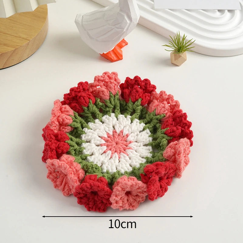 Mini Rose Bouquet Coasters Handmade Knitted Placemats Crochet Rose Flower Cup Pad Table Decoration and Accessories Home Decor