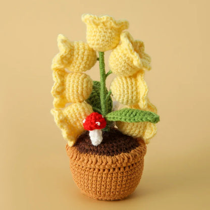 Crochet Bell Orchid with Potted  Knitted Flowers with Light Handmade Artificial Flower Desktop Bookshef  Easter Decoration 2025