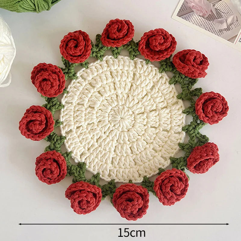 Mini Rose Bouquet Coasters Handmade Knitted Placemats Crochet Rose Flower Cup Pad Table Decoration and Accessories Home Decor