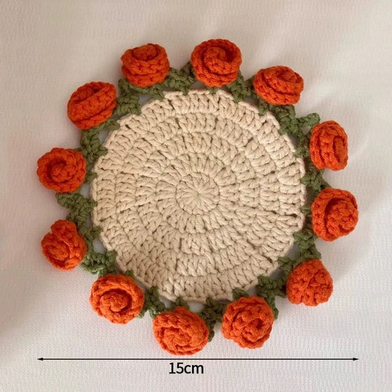 Mini Rose Bouquet Coasters Handmade Knitted Placemats Crochet Rose Flower Cup Pad Table Decoration and Accessories Home Decor