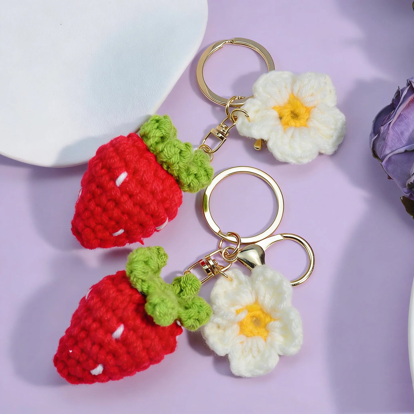 Knitted Cherry Strawberry Key Ring Fruit Bag Car Pendant Girl Schoolbag Pendant Red Cherry Gift