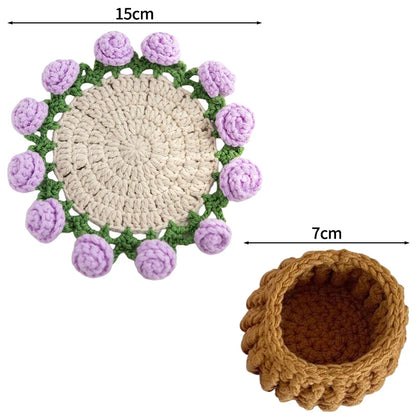 Mini Rose Bouquet Coasters Handmade Knitted Placemats Crochet Rose Flower Cup Pad Table Decoration and Accessories Home Decor