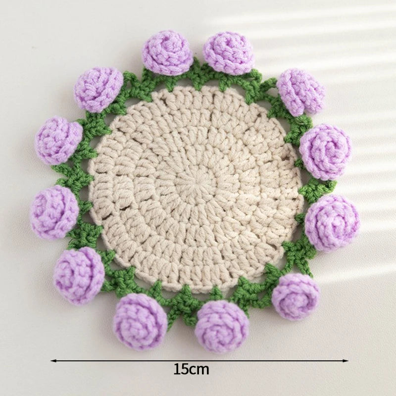 Mini Rose Bouquet Coasters Handmade Knitted Placemats Crochet Rose Flower Cup Pad Table Decoration and Accessories Home Decor