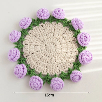 Mini Rose Bouquet Coasters Handmade Knitted Placemats Crochet Rose Flower Cup Pad Table Decoration and Accessories Home Decor