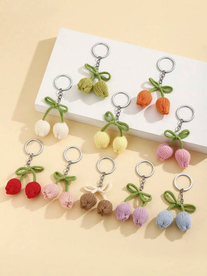 1pc Handmade Crochet Tulip Flower Bud Keychain, Colorful Yarn Flower Keyring, Creative Gift For Lover, Friend, Girlfriend,