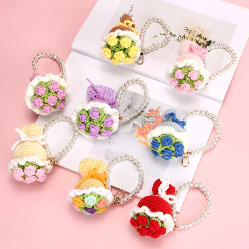 Mini Crochet Flower Bouquet Keychain Mini Bouquet Keyring Kintted Flowers Pendant  Girls Car Keyring Backpack Pendant