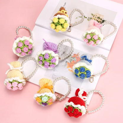 Mini Crochet Flower Bouquet Keychain Mini Bouquet Keyring Kintted Flowers Pendant  Girls Car Keyring Backpack Pendant