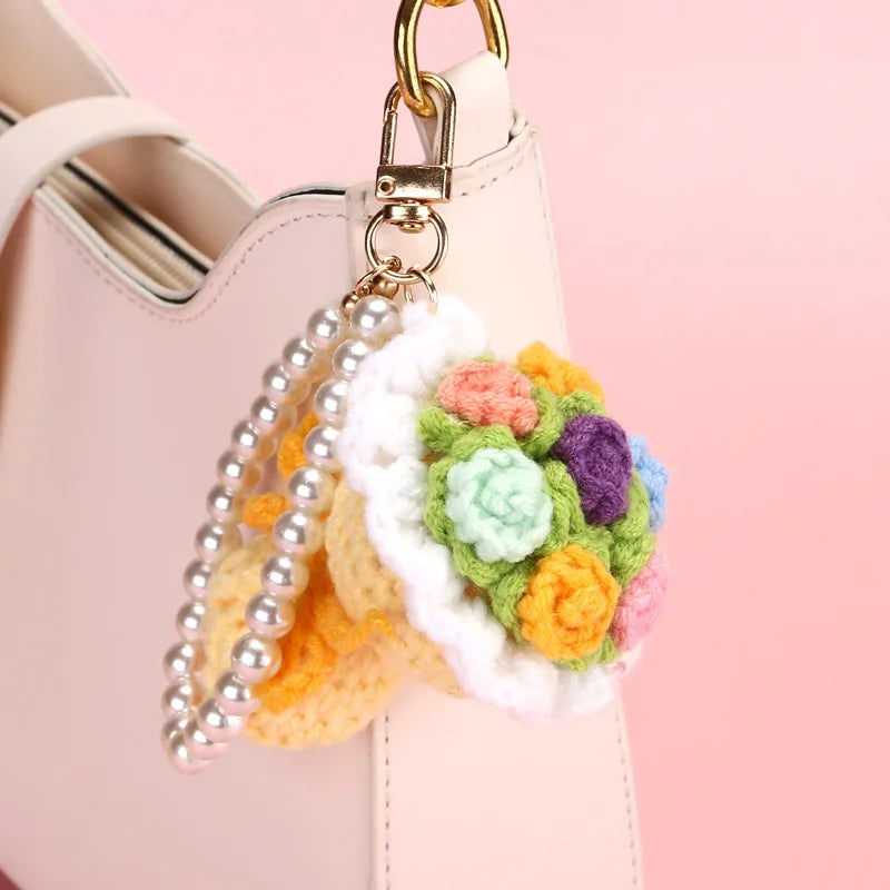 Mini Crochet Flower Bouquet Keychain Mini Bouquet Keyring Kintted Flowers Pendant  Girls Car Keyring Backpack Pendant