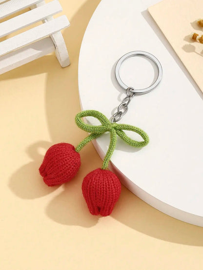 1pc Handmade Crochet Tulip Flower Bud Keychain, Colorful Yarn Flower Keyring, Creative Gift For Lover, Friend, Girlfriend,