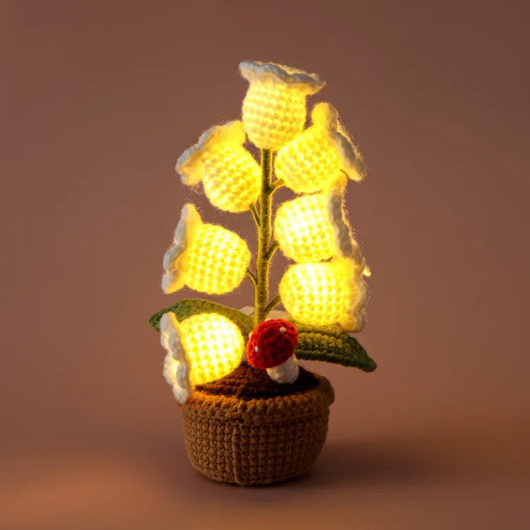 Crochet Bell Orchid with Potted  Knitted Flowers with Light Handmade Artificial Flower Desktop Bookshef  Easter Decoration 2025